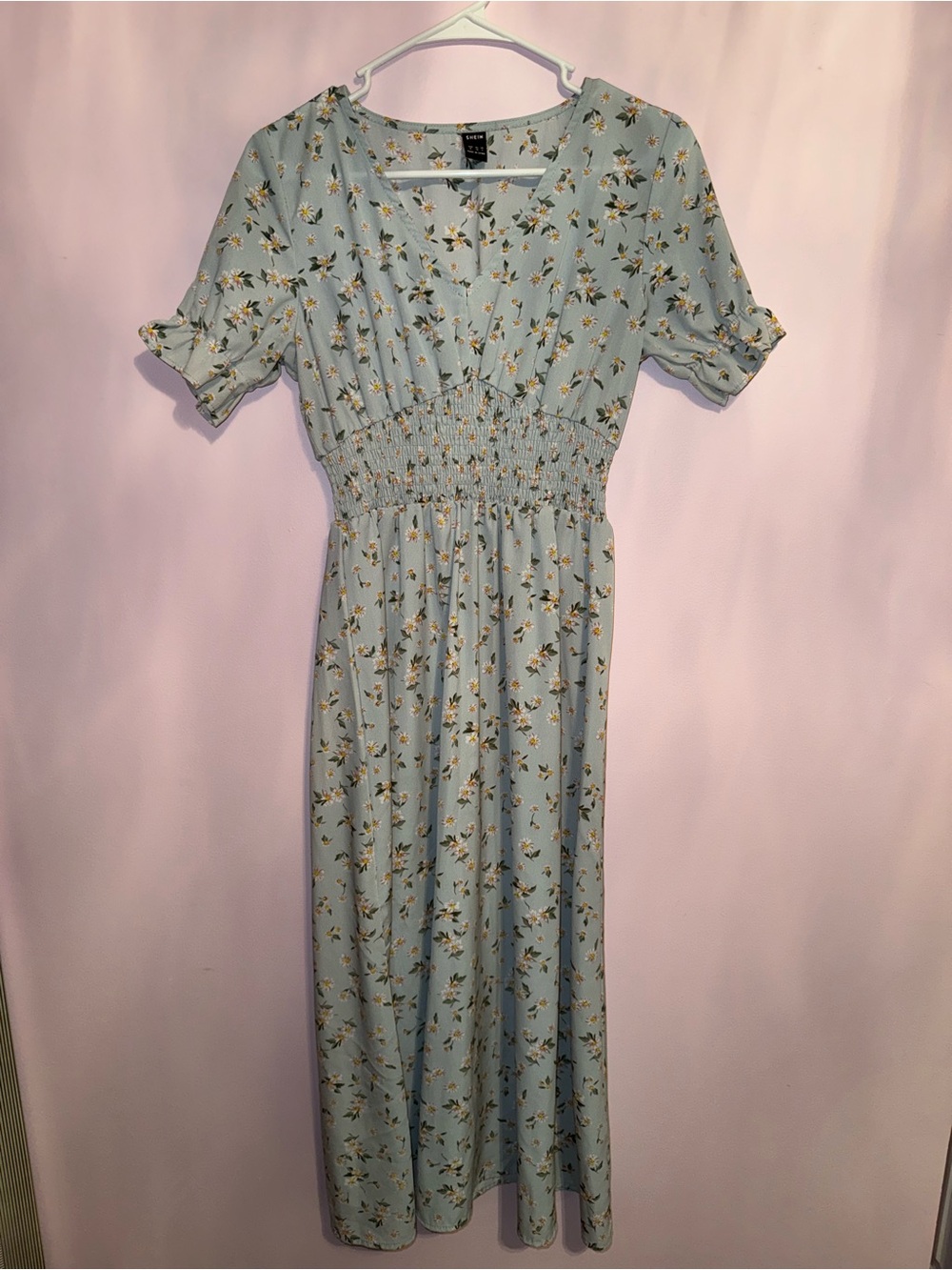 SHEIN Mint Floral Smocked Waist Midi Dress
